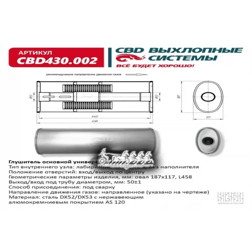 Cbd430002 Cbd Глушитель Cbd Основной Универсальный Cbd430.002. Нерж. Сталь, Овал D187117, L458. Вх CBD 