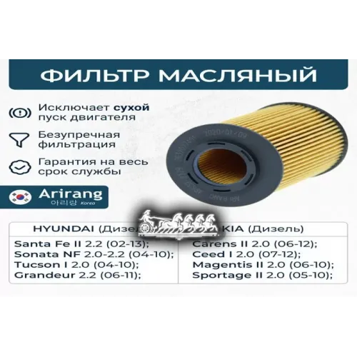 Фильтр Масляный Hyundai/Kia Sonata/I30/Ceed/Sportage/Carens 06- (Картридж) Arirang 