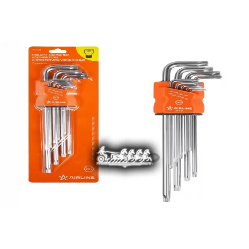 Набор Г-Образных Ключей Torx С Отв. Удлинённых 9 Предметов (Т10, Т15, Т20, Т25, Т27, Т30, Т40, Т45, Т50) Пласт.подвес AIRLINE...