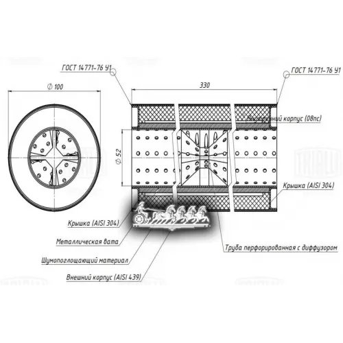 Пламегаситель Универс. 100/330-50 С Перф. Диффузором (Нерж. Сталь) Trialli 