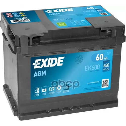 Аккумулятор Start&Stop Agm 12V 60Ah 680A 242Х175х190 Полярность Etn0 Клемы En Крепление B13 EXIDE 