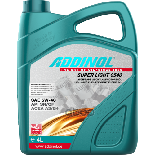 ADDINOL Addinol Super Light 5W40 A3/B4 Sn/Cf Масло Моторное Синт. (4L)