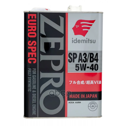 IDEMITSU Масло Моторное 5W40 Idemitsu 4Л Синтетика Zepro Euro Spec Api Sp Acea A3/B4