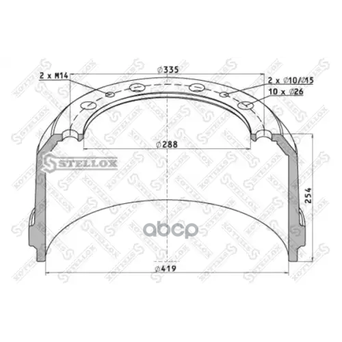 Торм.барабан (Накл 19557) 419X203/211 H=256.2 D=288/335 N10x26 Fruehauf Stellox 