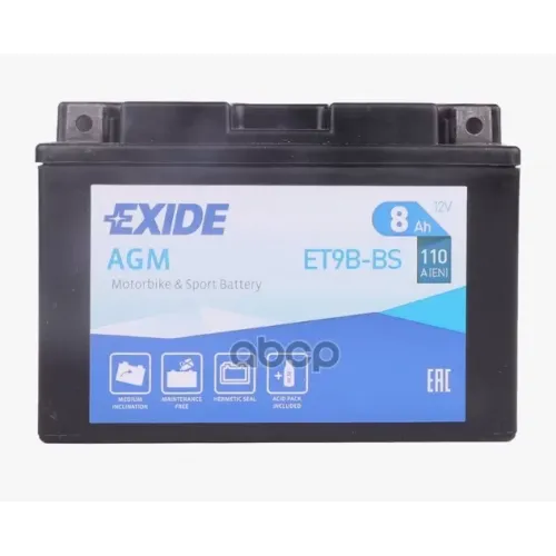 Аккумулятор Moto Agm 8Ah 110A 150X70x105 Полярность Etn 1 Токовыводы M04 EXIDE ET9B-BS