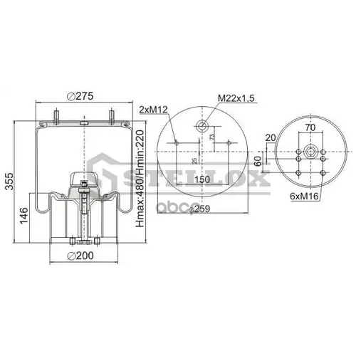 Пневмопод.со Стак. 940Mb H423 2Шп.m12смещ.25. 1Отв.штуц.m22. Поршень Пластик B Stellox 